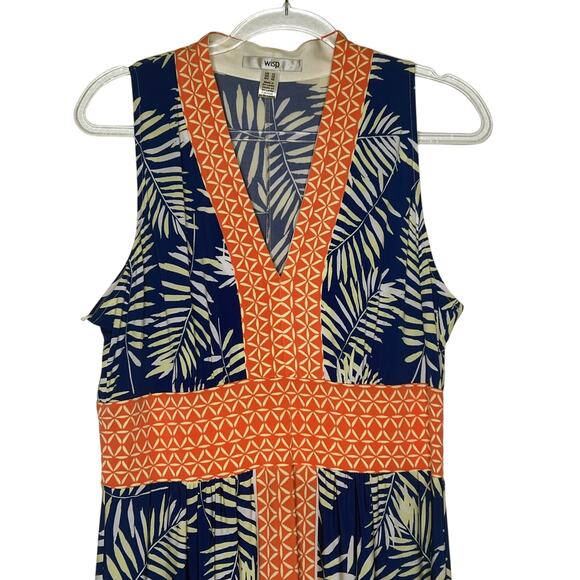 WISP Ella Jersey Maxi Dress Sleeveless V-Neck Tropical Print Blue Orange Size 12 - Picture 2 of 8